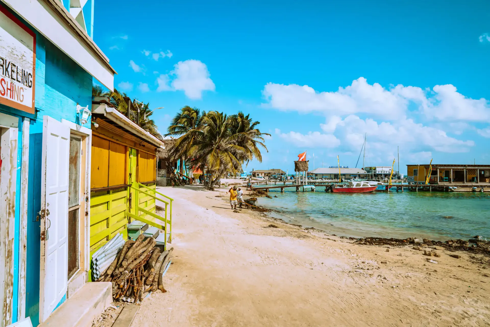 Boats and shoreline life in San Pedro on Ambergris Caye, Belize