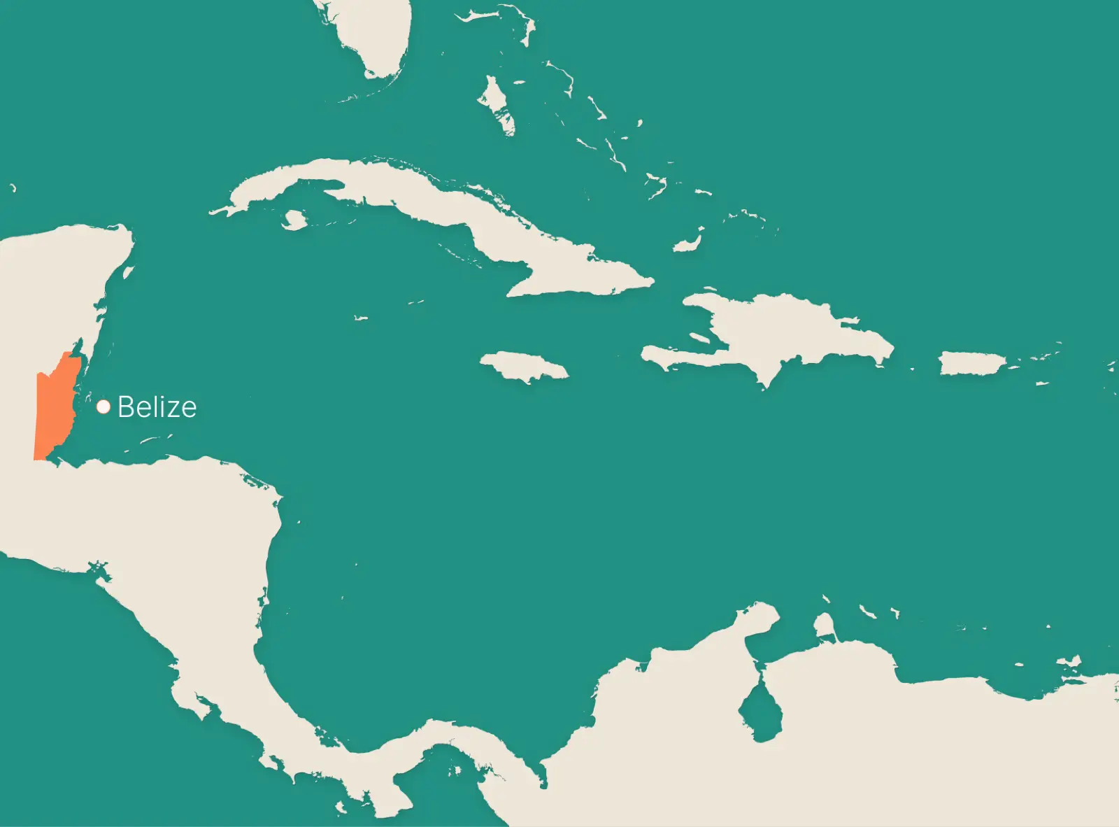 Map showing Belize on Central America's Caribbean coast, bordered by Mexico and Guatemala